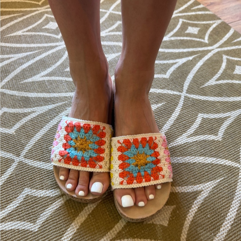 CL by Chinese Laundry Red and Blue Sandals with Geometric Embellishments